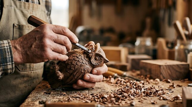 Craftsman meticulously carves an owl sculpture from wood in a workshop