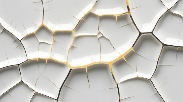 Ceramic cracked texture with gold fill displays a modern kintsugi pattern across a white glossy abstract surface.
