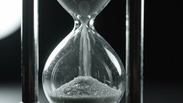 Hourglass marks time passing as fine sand streams through narrow glass neck into lower bulb. Dark background and bright reflections emphasize measured duration, patience, countdown, and changing