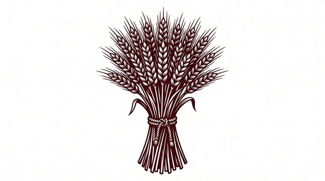 Vintage wheat sheaf illustration, rustic grain bundle engraving, brown cereal plant stalks for bakery branding and harvest decor