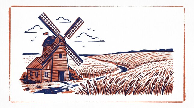 Vintage windmill illustration, rustic farm landscape with wheat fields, retro woodcut style countryside scene for organic food branding
