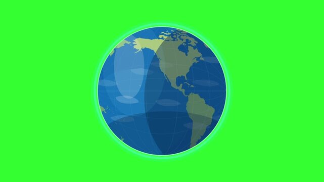 2D animation of stylized planet Earth globe rotating in a seamless loop over green screen background, featuring flat world map graphics, glowing circular ring, and latitude lines.