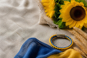 Fototapeta premium A close-up of a light fabric surface with sunflowers, a blue and yellow bracelet, and some dried wheat stalks.