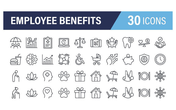 Employee benefits outline icons set featuring diverse linear illustrations for professional hr reports.