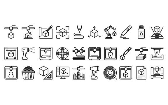 Three dimensional printing technology icons set for additive manufacturing innovation product design.