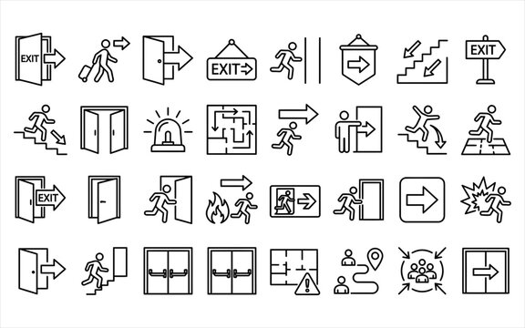 Exit icons set depicting emergency evacuation routes doors signs and wayfinding for safety direction.