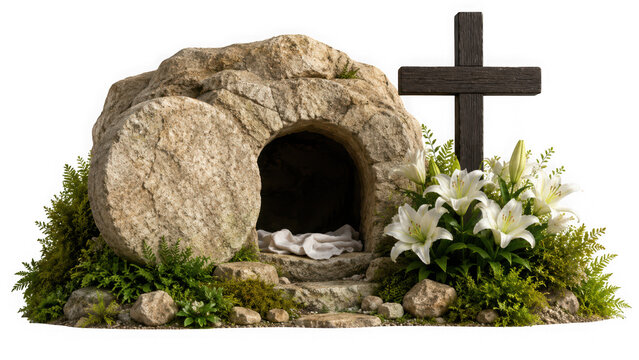 Easter empty tomb with cross and white lilies, isolated on transparent background