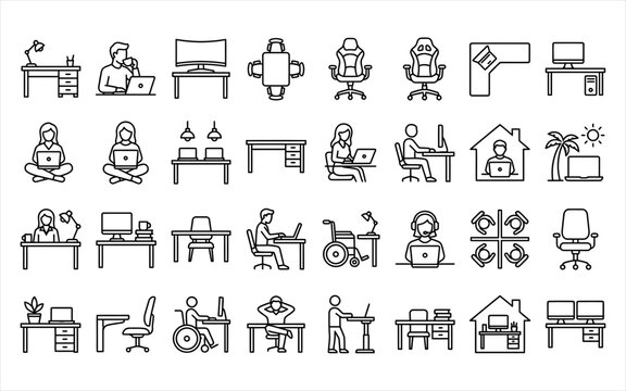 Professional office workplace outline icons for daily remote work and professional business activities.
