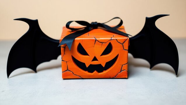 Halloween gift box with pumpkin face and black bat wings.