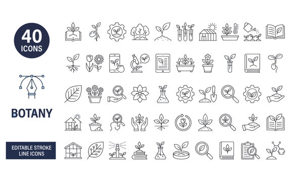 Botany line icons set featuring editable stroke plants flowers gardening tools for science education.
