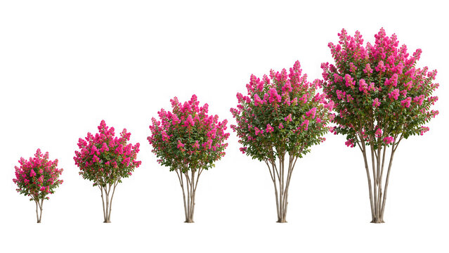 Five pink flowering crepe myrtle shrubs in different growth stages, isolated on transparent background