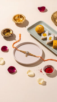 Traditional Raksha Bandhan Flat Lay with Rakhi, Indian Sweets, Diya, Kumkum and Rose Petals