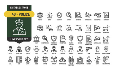 Police line icons set featuring law enforcement and security black linear symbols for criminal record.