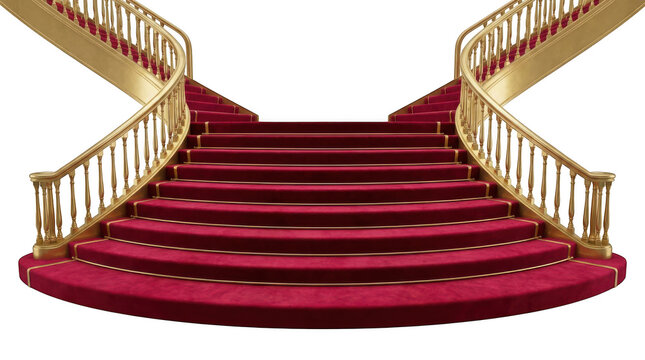 Grand staircase with red carpet isolated on transparent background