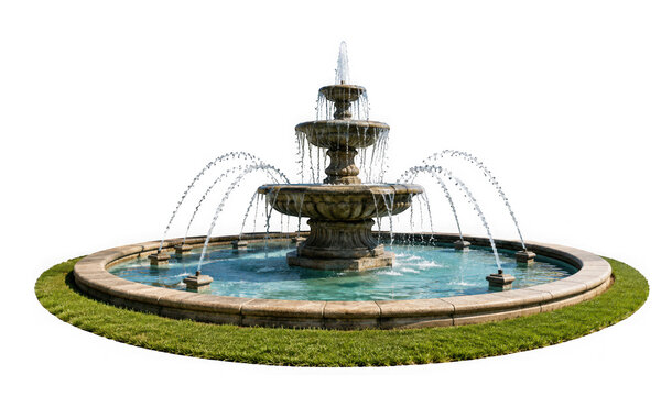 Classical tiered stone water fountain with flowing water isolated on transparent background