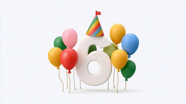 Decorative 3D Birthday Number Six Decorated With Bright Color Balloons On Isolated White Background