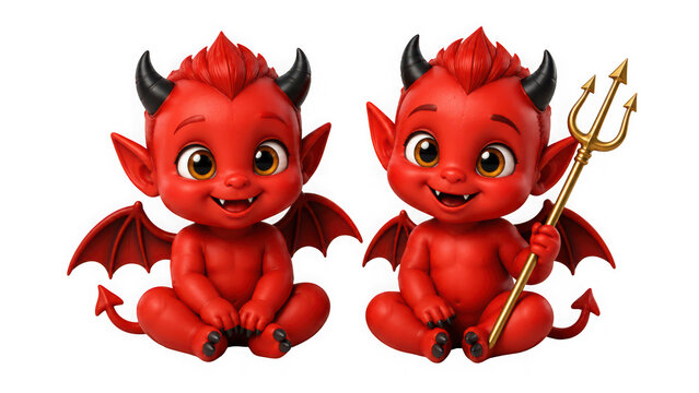Two cute baby devils with wings horns and pitchfork isolated on transparent background