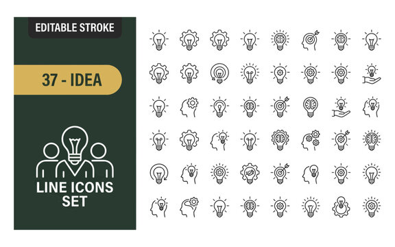 Idea creative solution outline icon set features light bulb brain and gear elements for brainstorming.