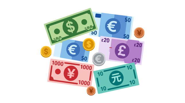 Colorful assortment of international currency notes and coins scattered on a white background