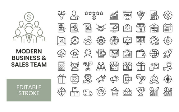 Modern business and sales team icon set for corporate organizational structure and CRM management.