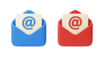 Obraz premium Two 3d rendered email envelope icons with at symbol isolated on transparent background
