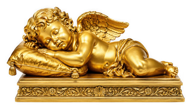 Golden baby angel cherub sleeping on a pillow statue, isolated on transparent background
