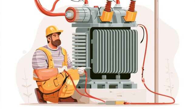 A qualified electrician works on an electrical transformer, wearing proper safety gear and handling cables. High voltage equipment is present.