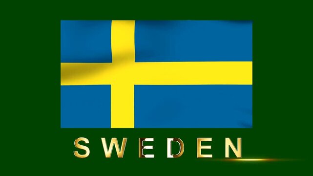 Waving flag of Sweden with gold metallic text typography on dark green background