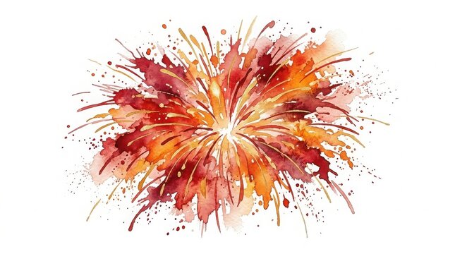 Watercolor fireworks burst, red, orange and yellow paint splatters
