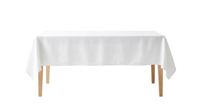 Empty wooden table with white tablecloth isolated on transparent background