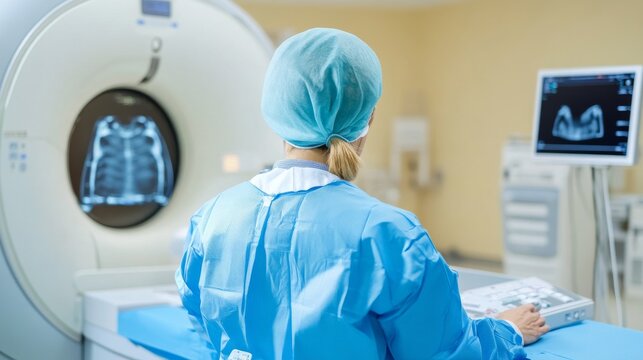 Medical Technician Operating Diagnostic Imaging Workstation Clinical Integration System Scene, medical technology service, AI diagnostic solutions, connected healthcare support