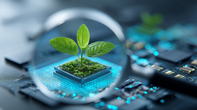 A magnifying glass reveals a plant growing from a microchip representing sustainable technology and environmentally responsible innovation.
