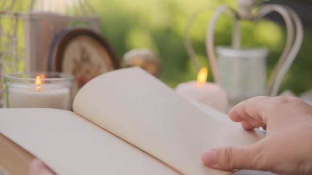 vintage book table, Cozy outdoor reading space romantic evening, burning candles, literature Vintage nostalgia, decorative birdcage, romantic cozy atmosphere, bright green bokeh background outdoors