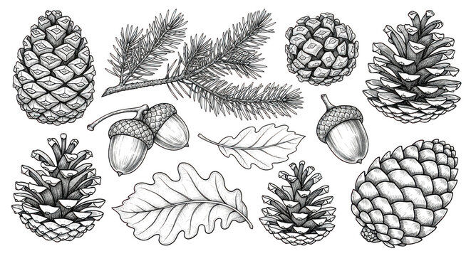 Set of handdrawn pine cones, acorns, and oak leaves
