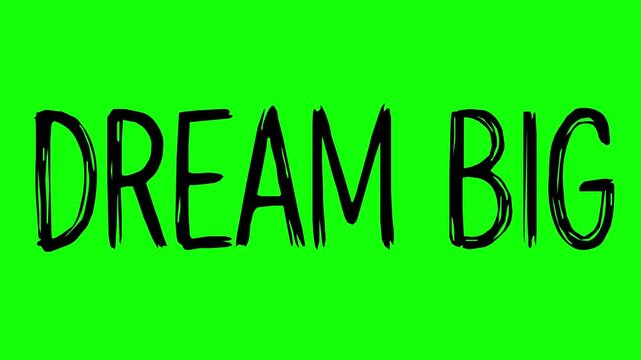 animated text dream big with black fill and hand drawn style featuring jitter line boil effect on green screen chroma key background for video editing projects