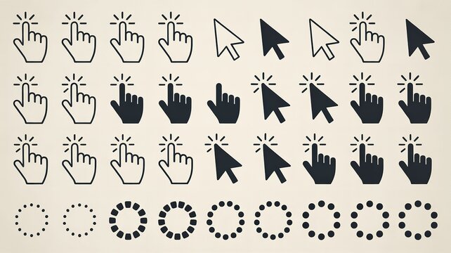 Set of computer mouse cursor icons and loading spinner symbols for web design interface
