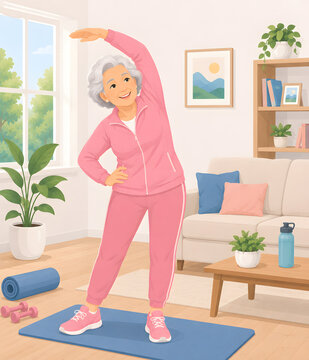 Senior Stretching Exercise &ndash; Elderly Fitness, Flexibility and Healthy Aging Illustration