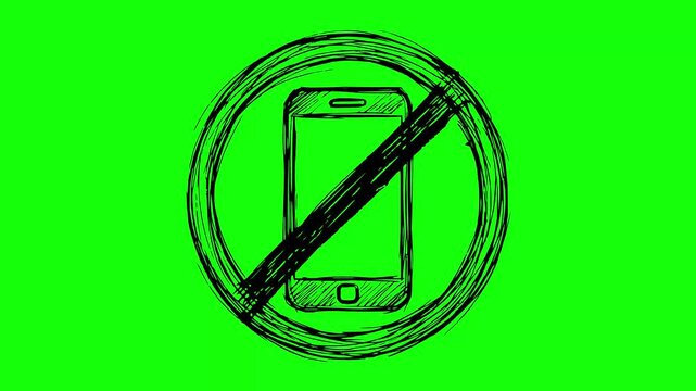 hand drawn black fill prohibition sign with smartphone over green screen chroma key background. Features rough edges and stop motion line boil animation style