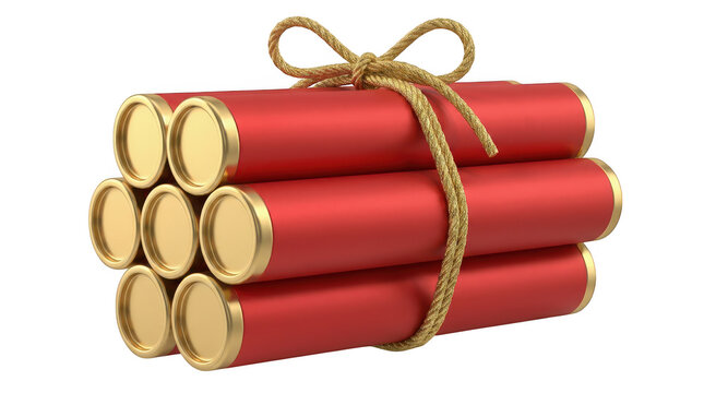 Bundle of red dynamite sticks with gold caps tied with a ribbon isolated on transparent background