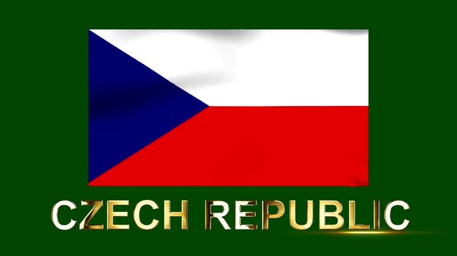 Waving flag of the Czech Republic with golden metallic typography isolated against a dark green solid background