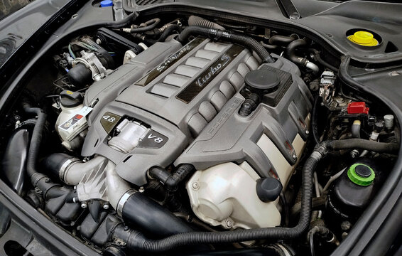 Moscow, Russia - July 30, 2026: Powerful modern Porsche internal combustion engine.