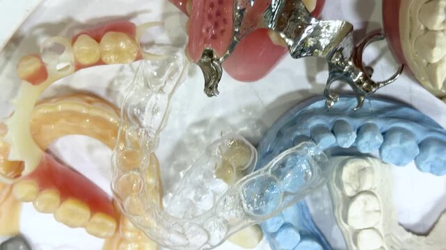 Dental laboratory workbench with denture models, wax bite blocks, and prosthetic teeth samples in various stages of production