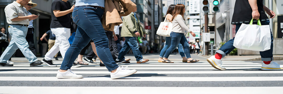 People walking across a pedestrian crosswalk in a city street with legs and feet visible in motion during a bright sunny day in japan