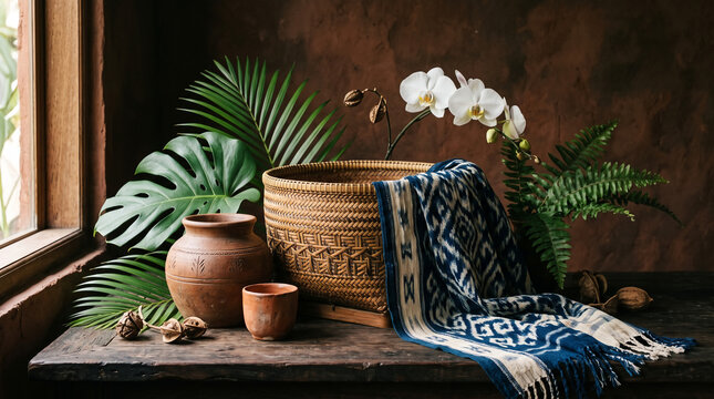 Traditional ethnic handicrafts with woven basket clay pottery patterned textile and tropical plants on rustic table