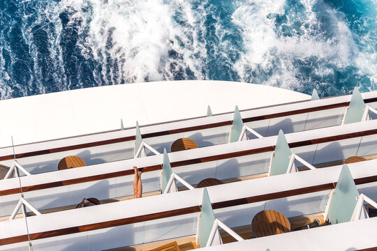 Balconies on a Cruise ship, decks with wake or trail