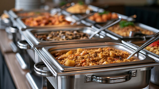 A commercial hotel buffet line featuring hot metal chafing dishes filled with delicious prepared meals. Perfect food service concept for hospitality and catering promotions.
