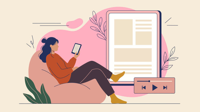 Female reader lounging on a pink beanbag chair while looking at a handheld e reader device surrounded by soft pastel floral graphics.