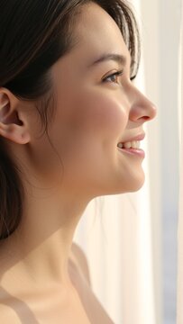 Beautiful Woman's Side Profile with White Teeth Close-up