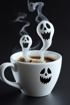 Spooky Halloween coffee cup with steaming ghost shapes rising from hot espresso on a dark background