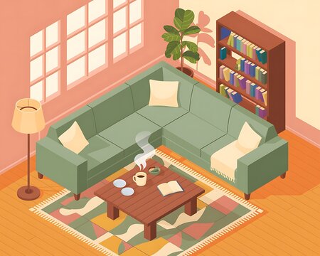 Isometric living room with green sectional sofa and patterned rug in warm tones interior illustration